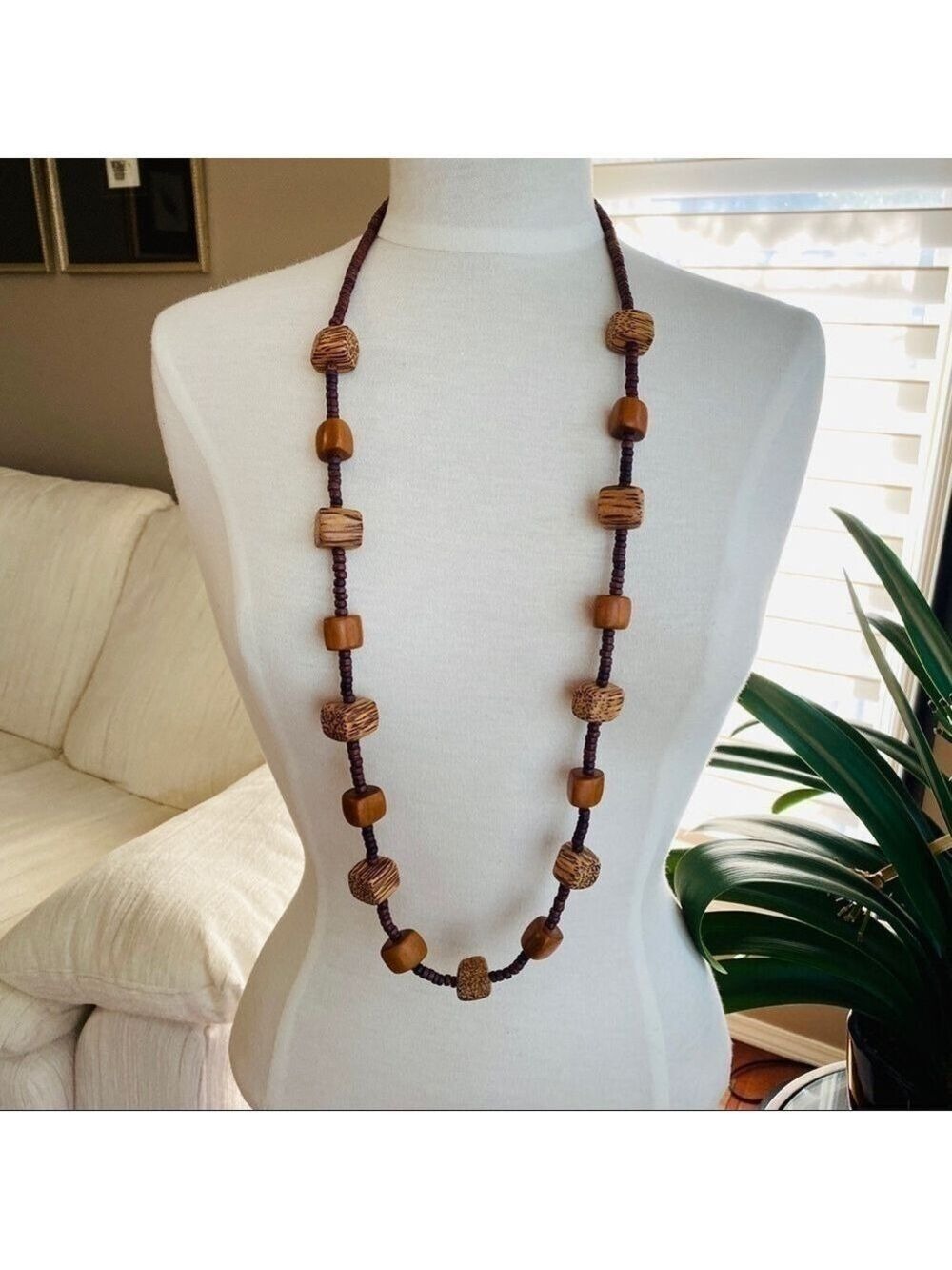 VINTAGE Long Wooden Bead Necklace Tribal Boho